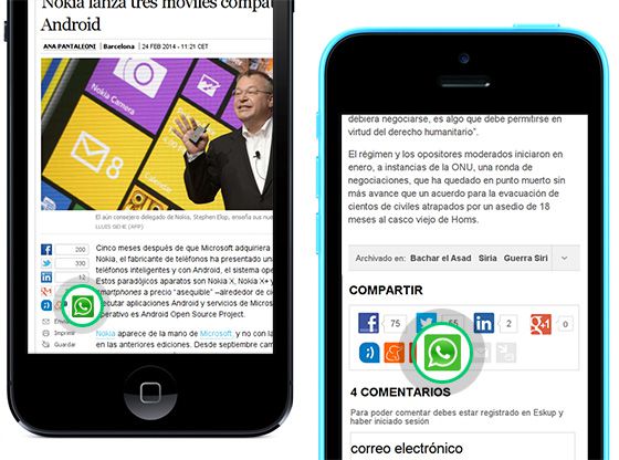 Botón para compartir noticias a través de WhatsApp. "Fuente: elpaís.com"