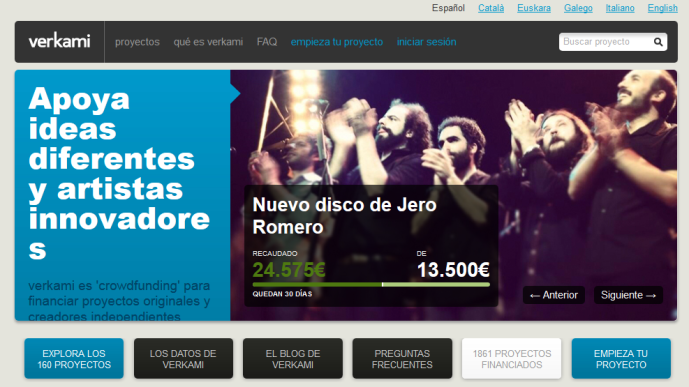 Página de entrada de Verkami, uno de los principales motores de Crowdfounding en España